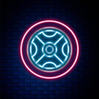 Parlak neon çizgili araba tekerleği simgesi tuğla duvar arkasında izole edilmiş. Renkli taslak konsepti. Vektör