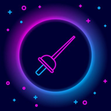 Parlayan neon hattı eskrim simgesi siyah arkaplanda izole edildi. Spor malzemeleri. Renkli taslak konsepti. Vektör