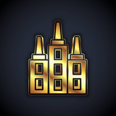 Siyah arkaplanda izole edilmiş altın gökdelen simgesi. Metropolis mimarisi panoramik manzara. Vektör