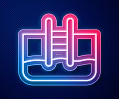 Mavi arka planda izole edilmiş merdiven ikonu olan parlak neon çizgili yüzme havuzu. Vektör