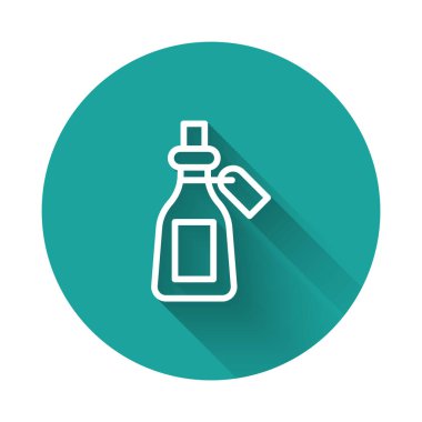 Beyaz çizgi esaslı yağ şişesi simgesi uzun gölge arkaplanı ile izole edilmiş. Organik aromaterapi özü. Cilt bakımı serumu cam bırakma paketi. Yeşil daire düğmesi. Vektör