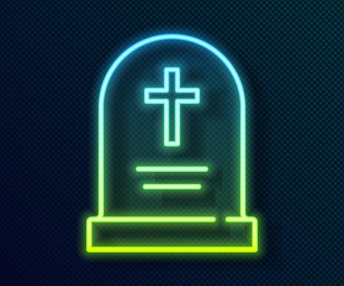 Siyah zemin üzerinde çapraz simge olan parlak neon çizgisi Tombstone. Mezar ikonu. Mutlu Cadılar Bayramı Partisi. Vektör