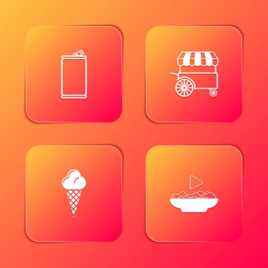 Alüminyum kutu, Fast Street yemek arabası, dondurma külahı ve Nachos tabağı ikonu. Vektör.