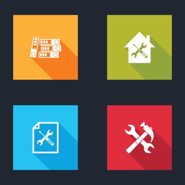 Ofis dosyalarını, Ev hizmetini, Dosya belgesini ve çapraz çekiç ve anahtar simgesini ayarla. Vektör.