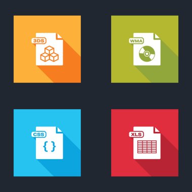 3DS dosya belgesi, WMA, CSS ve XLS simgesini ayarla. Vektör.
