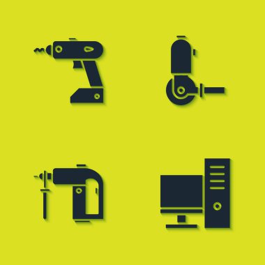 Elektrik kablosuz tornavida, bilgisayar monitörü, döner çekiç matkabı ve açılı öğütücü simgesi ayarla. Vektör.