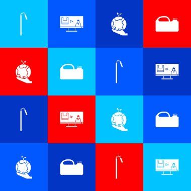 Plastik pipet içmek, kirliliği durdurmak, Dünya 'yı tutmak ve makine yağı ikonu için el ele tutuşmak. Vektör.