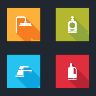 Duş başlığı, el dezenfektanı şişesi, su musluğu ve kumaş yumuşatıcı ikonu. Vektör.