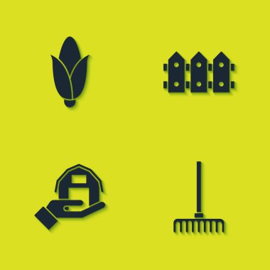 Mısır, bahçe tırmığı, çiftlik evi ve çit ahşap ikonu. Vektör.