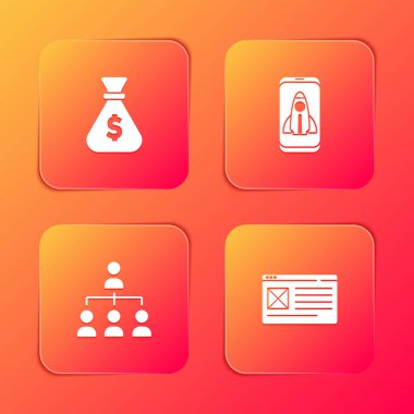 Para çantasını ayarla, Startup proje konsepti, hiyerarşi organizogram şeması ve Tarayıcı pencere simgesi. Vektör.