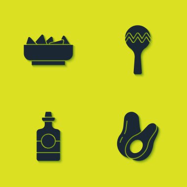 Kasede Nachos, Avokado meyvesi, tekila şişesi ve Maracas ikonu hazırla. Vektör