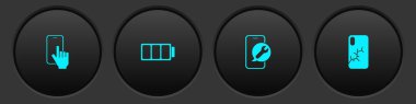 Telefon tamir servisini, Bataryayı, cep telefonunu ve kırık ekran simgesini ayarla. Vektör