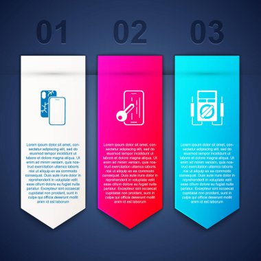 Mobil ekranı kırık, cam koruyucusu ve Multimetreyi ayarlayın. Ticari bilgi şablonu. Vektör