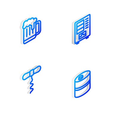 Isome hattı otomatını, tahta bira bardağını, şarap tirbuşonunu ve metal fıçı ikonunu ayarla. Vektör