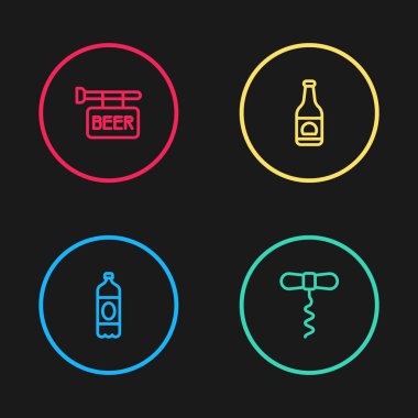 Plastik bira şişesi, şarap tirbuşonu, bira ve simgeli sokak tabelası. Vektör