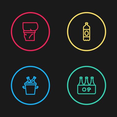 Buz kovasında bira şişeleri, bira paketleri, plastik ve göbek ikonu. Vektör