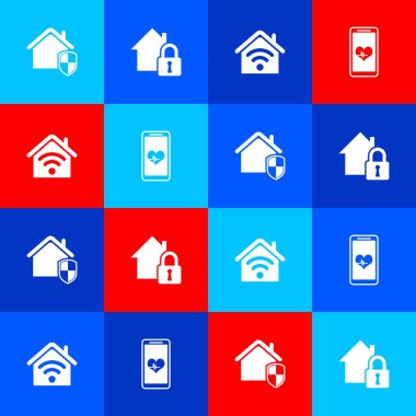 House 'u koruma altına al, Wi-Fi ve Mobil kalp atış ikonu olan akıllı bir ev. Vektör.