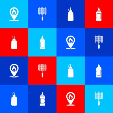 Konumu ateş, ızgara çelik ızgara, hardal şişesi ve ikon ile ayarlayın. Vektör.