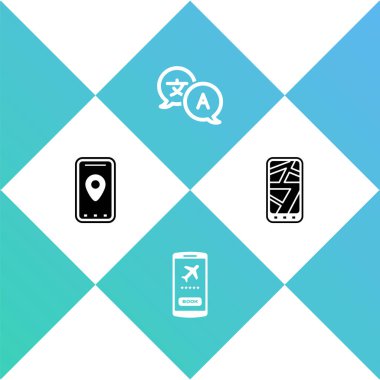 Şehir haritasının bilgilerini ayarla, bilet, çevirmen ve simge ile mobil. Vektör.