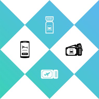 Online otel rezervasyonu, uçak bileti, tren ve ikon ayarla. Vektör.