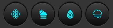 Kar tanesi, sis ve bulutu güneş, su damlası yüzdesi ve rüzgarlı hava ikonu ile ayarla. Vektör.