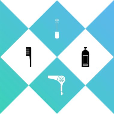 Saç fırçası, kurutma makinesi, maskara ve bir şişe şampuan ikonu. Vektör.