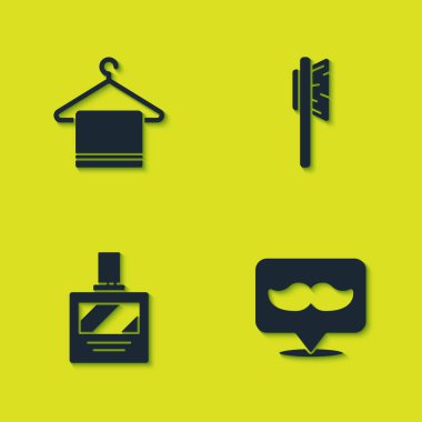 Havluyu askıya al, berber dükkanı, tıraş losyonu ve saç fırçası ikonu. Vektör.