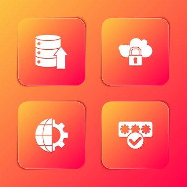 Sunucu, Data, Web Sunucu, Bulut bilgisayar kilidi, Dünya Küresi ve ekipman ve Parola koruma simgesi ayarla. Vektör.