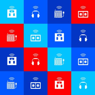 Akıllı banyo terazilerini, kulaklıkları, ısıtma radyatörünü ve elektrik prizi simgesini ayarla. Vektör.