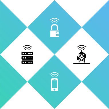 Akıllı sunucu, kablosuz akıllı telefon, güvenli şifreli kilit ve anten simgesi ayarla. Vektör.