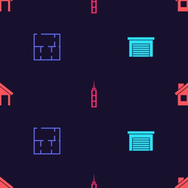 Garaj, ev planı, gökdelen ve kusursuz desen ayarlayın. Vektör.