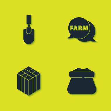 Bahçe küreğini, küreği, çuvalı, çiftlik ikonuyla saman ve konuşma balonunu hazırla. Vektör.