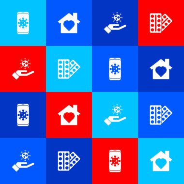 Cep telefonunun virüs istatistiklerini, içinde kalbi olan evi, el virüsünü ve hap paketinin ikonunu ayarla. Vektör.