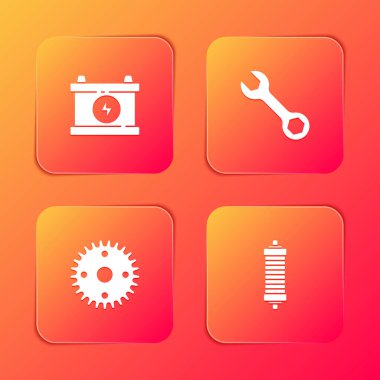 Araba aküsünü, İngiliz anahtarını, Vites ve Şok emici simgesini ayarla. Vektör.