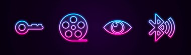 Hat anahtarı, film makarası, göz ve bluetooth bağlandı. Parlayan neon ikonu. Vektör.