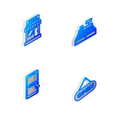 Isometric hattı yazar kasa, market, cep telefonu, alışveriş arabası ve açık kapı simgesiyle asılma tabelasını ayarlayın. Vektör.