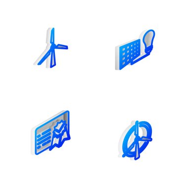 Isometric hattı güneş enerjisi paneli, ampul, rüzgar türbini, sertifika şablonu ve dönen rüzgar ikonunu ayarla. Vektör.