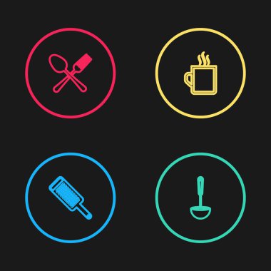 Grater, Kitchen kepçesi, kahve fincanı ve çapraz çatal ve kaşık ikonu. Vektör.