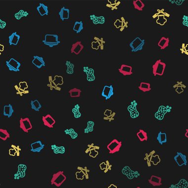 Hattı kur. Tencere, köpüklü sünger, şef şapkası, çatal ve kusursuz desen. Vektör.