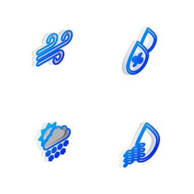 Isometric hattını ayarla. Su bırakma yüzdesi, Rüzgar, Bulut, kar, güneş ve ikon. Vektör.