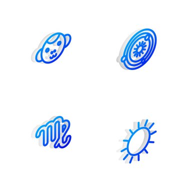 Isometric Hattı Güneş Sistemi, Maymun Zodiac, Başak ve Güneş simgesini ayarla. Vektör.