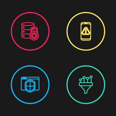 Satır Tarayıcısını kalkan, satış huni şeması, mobil ünlem işareti ve sunucu güvenlik kilidi simgesi ile ayarla. Vektör.