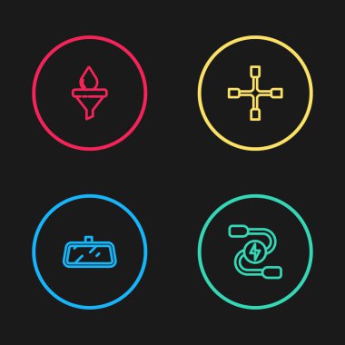 Hat aynası, akü takviyesi güç kablosu, İngiliz anahtarı, huni ve yağ damlası ikonu. Vektör