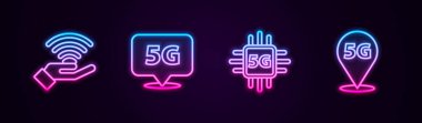 Satır 5G ağı, konum, işlemci ve ayarla. Parlayan neon ikonu. Vektör