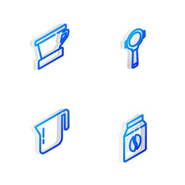 Isometric hattı kahve filtresi, V60 kahve makinesi, demlik ve poşet fasulye ikonu ayarla. Vektör