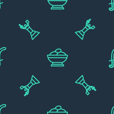 Varenyky 'yi bir kaseye, Anavatan Anıtı' na ve Ortaçağ kılıcına kusursuz desenli bir kılıca yerleştir. Vektör