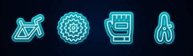 Bisiklet iskeleti, kaset, eldiven ve koltuk ayarlayın. Parlayan neon ikonu. Vektör