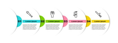 Beyzbol sopasını çivilerle sabitleyin, yumruğunuzu kaldırın, yangın söndürücü ve polis lastik sopasıyla. Ticari bilgi şablonu. Vektör