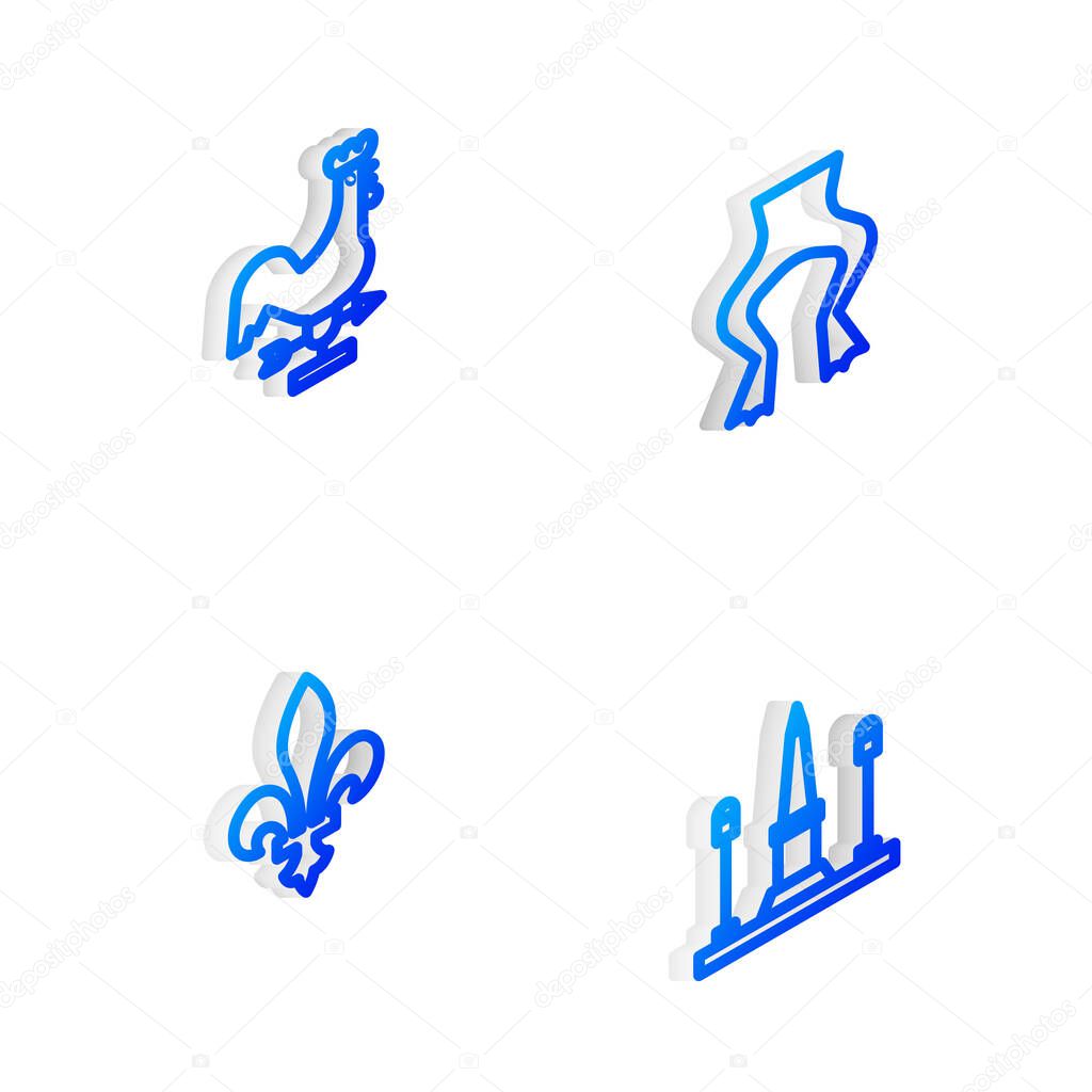 Set Isometric line Frog legs, Rooster weather vane, Fleur De Lys and Place La Concorde icon. Vector