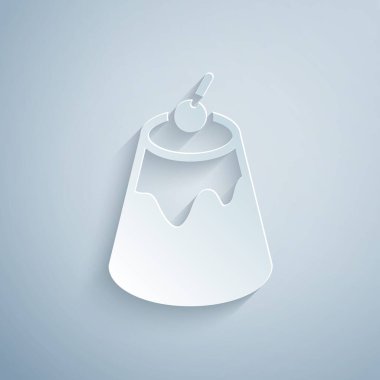 Kağıt kesiği muhallebi, gri arka planda izole edilmiş karamel jöleli ikon. Kağıt sanatı tarzı. Vektör